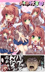Rule 34 | 1boy, 1girl, animal, animal ears, blush, bow, breasts, brown hair, chibi, commentary request, cosplay, doki doki literature club, green eyes, hair bow, heart, highres, katuhira rinmi, long hair, looking at viewer, medium breasts, monika (doki doki literature club), monika (doki doki literature club) (cosplay), multiple views, neck ribbon, one eye closed, open mouth, outstretched hand, red ribbon, ribbon, school uniform, shaded face, smile, star (symbol), surprised, thighs, translation request, white bow