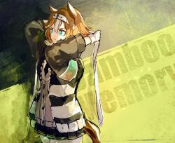 Rule 34 | 1girl, absurdres, animal ears, aqua eyes, armband, arms up, bamboo memory (umamusume), black skirt, brown hair, character name, closed mouth, commentary, frown, gloves, grey sweater, headband, highres, horse ears, horse girl, horse tail, jacket, long sleeves, looking afar, miniskirt, mizuku, multicolored hair, open clothes, open jacket, short hair, skirt, solo, standing, streaked hair, sweater, tail, tying headband, umamusume, upper body, v-shaped eyebrows, white gloves