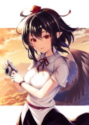 Rule 34 | 1girl, ahoge, akanagi youto, belt, black hair, black skirt, black wings, blush, breasts, camera, cloud, commentary request, cowboy shot, feathered wings, hair between eyes, hat, highres, holding, holding camera, looking at viewer, medium breasts, mountain, neck ribbon, orange sky, parted lips, pointy ears, red belt, red eyes, red ribbon, ribbon, shameimaru aya, shirt, short hair, short sleeves, sidelocks, skirt, sky, smile, solo, tassel, tokin hat, touhou, watch, white background, white shirt, wings, wristwatch