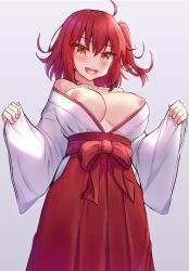 Rule 34 | 1girl, absurdres, ahoge, blush, breasts, collarbone, fate/grand order, fate (series), fujimaru ritsuka (female), fujimaru ritsuka (female) (new year&#039;s attire), hakama, highres, japanese clothes, jo (pixiv29989419), kimono, large breasts, looking at viewer, nipples, off shoulder, one side up, open mouth, orange eyes, red hair, red hakama, short hair, smile, solo, white kimono, wide sleeves