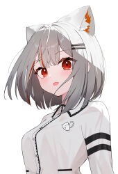 Rule 34 | 1girl, animal ear fluff, animal ears, black trim, blush, bob cut, breasts, cat ears, collared shirt, colored inner animal ears, commentary request, extra ears, fang, firehippo, grey hair, hair ornament, hairclip, highres, looking at viewer, looking down, looking to the side, maro (neneko mashiro), medium breasts, multicolored hair, neneko mashiro, open mouth, red eyes, red hair, shirt, short hair, simple background, skin fang, smile, solo, stellive, streaked hair, thick eyelashes, upper body, virtual youtuber, white background, white shirt