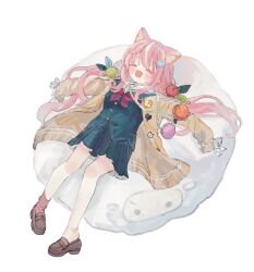 Rule 34 | 1girl, :d, animal ears, apple hair ornament, blue serafuku, blue skirt, blush, bow, brown footwear, cardigan, cat ears, chimoshi (hitsuji tonakai), closed eyes, commentary request, cushion, facing viewer, food-themed hair ornament, from above, full body, hair ornament, highres, loafers, long hair, long sleeves, low twintails, lying, multicolored hair, nijisanji, nijisanji kr, on back, open mouth, outstretched arms, pink hair, pink socks, pleated skirt, red bow, sailor collar, school uniform, serafuku, shoe dangle, shoes, single sock, skirt, sleeves past fingers, sleeves past wrists, smile, socks, solo, spread arms, streaked hair, twintails, very long hair, virtual youtuber, white background, white hair, white sailor collar, yang nari, yang nari (1st costume), yellow cardigan