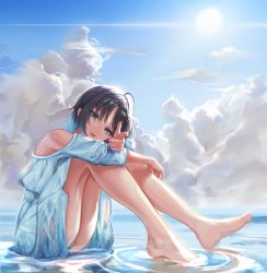 Rule 34 | 1girl, ahoge, aqua eyes, asakura toru, bare legs, barefoot, black hair, blue hair, blue sky, cloud, commentary request, day, dress, feet, full body, gradient hair, highres, hugging own legs, idolmaster, idolmaster shiny colors, inumantle, legs, looking at viewer, multicolored hair, open mouth, outdoors, pointing, shallow water, short hair, sky, solo, sun, thighs, water, white dress