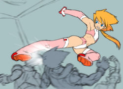 Rule 34 | 4boys, angry, armpits, blonde hair, blue eyes, boots, clenched teeth, elbow gloves, fighting, flat color, flying kick, frown, gloves, indoors, kicking, long hair, lowres, male focus, midriff, motion blur, multiple boys, orange hair, partially colored, ponytail, ribs, teeth, thighhighs, trap