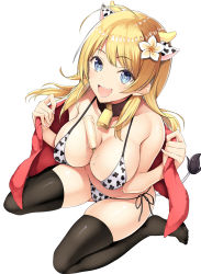 Rule 34 | 1girl, ahoge, animal ears, bare shoulders, bell, between breasts, bikini, black thighhighs, blonde hair, blue eyes, blush, breasts, cleavage, collar, collarbone, cow ears, cow horns, cow tail, cowbell, food, hachimiya meguru, hair ornament, highres, horns, idolmaster, idolmaster shiny colors, inuzumi masaki, large breasts, long hair, looking at viewer, low twintails, navel, neck bell, open mouth, popsicle, simple background, sitting, smile, solo, swimsuit, tail, thighhighs, twintails, wariza, white background