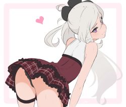 Rule 34 | 1girl, anho, ass, bare shoulders, bent over, black panties, blue archive, commentary request, cowboy shot, from behind, grey hair, heart, long hair, looking at viewer, looking back, mutsuki (blue archive), panties, ponytail, purple eyes, smile, solo, sweat, thigh strap, underwear, white background