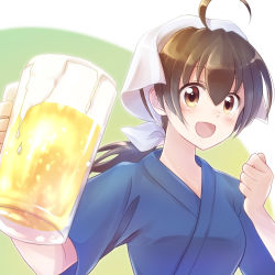 Rule 34 | 1girl, ahoge, beer mug, blush, brown eyes, brown hair, character request, clenched hand, cup, hand up, highres, holding, holding cup, isekai izakaya &quot;nobu&quot;, looking at viewer, medium hair, mug, nyaa (nnekoron), ponytail, simple background, solo, upper body, waitress