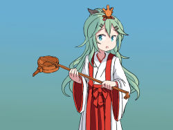 Rule 34 | 1girl, alternate costume, black ribbon, blue background, commentary, cowboy shot, english commentary, flat chest, gradient background, green eyes, green hair, hair between eyes, hair ornament, hair ribbon, hairclip, hakama, hakama skirt, japanese clothes, kantai collection, ladle, long hair, looking at viewer, miko, one-hour drawing challenge, parted bangs, ponytail, red hakama, ribbon, sidelocks, sixten, skirt, solo, standing, yamakaze (kancolle)