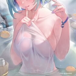 Rule 34 | 1girl, artist name, bath, bathing, blue archive, blush, bracelet, breasts, character doll, choko (cup), close-up, cropped, cup, green hair, hand up, hands up, highres, jewelry, jwthor, large breasts, naked towel, nodoka (blue archive), onsen, partially submerged, see-through, shigure (blue archive), shigure (hot spring) (blue archive), short hair, smile, solo, steam, tail, tongue, towel, upper body, water, weapon, weasel girl, weasel tail, wet