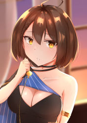 Rule 34 | 1girl, absurdres, ahoge, armlet, azur lane, baltimore (azur lane), baltimore (evening breeze minuet) (azur lane), bare shoulders, black dress, braid, breasts, brown eyes, brown hair, choker, cleavage, commentary request, curtains, dress, highres, large breasts, looking at viewer, medium breasts, parted lips, ryou (ryo 217cafe), short hair, solo, sunset, upper body, window