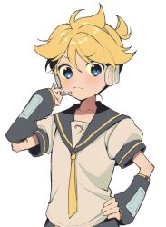 Rule 34 | 1boy, antenna hair, arm up, blonde hair, blue eyes, blush, closed mouth, collarbone, commentary request, detached sleeves, grey shirt, grey shorts, hair between eyes, hand on own hip, hand up, headphones, highres, holding, holding microphone, kagamine len, long sleeves, looking at viewer, male focus, messy hair, microphone, musical note, musical note print, necktie, ponytail, puffy short sleeves, puffy sleeves, sailor collar, shirt, short hair, short ponytail, short sleeves, shorts, simple background, solo, standing, throat microphone, v-shaped eyebrows, vanilla (miotanntann), vocaloid, white background, wide sleeves, yellow necktie