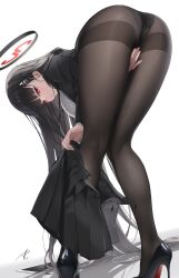 Rule 34 | 1girl, absurdres, ass, bent over, black hair, black jacket, black panties, black pantyhose, black skirt, black suit, blue archive, blush, breasts, formal, hair ornament, hairclip, halo, high heels, highres, jacket, large breasts, long hair, long sleeves, looking at viewer, looking back, miniskirt, panties, panties under pantyhose, pantyhose, patent heels, pleated skirt, pumps, red eyes, red soles, ribbed sweater, rio (blue archive), shoes, skirt, solo, stiletto heels, suit, suit jacket, sweater, thighband pantyhose, turtleneck, turtleneck sweater, underwear, undressing, unworn skirt, very long hair, white sweater, yabacha