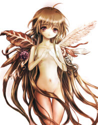 Rule 34 | 1girl, absurdly long hair, ahoge, asymmetrical wings, breasts, brown hair, commentary request, completely nude, convenient censoring, covering breasts, covering privates, expressionless, feathered wings, flower, flower wings, hair censor, highres, leaf wings, leche, long hair, looking at viewer, mismatched wings, nude, own hands together, parted lips, plant wings, purple eyes, rose, sayonara wo oshiete, simple background, small breasts, snake, solo, sugamo mutsuki, tendril, thigh gap, tongue, very long hair, white background, white wings, wings
