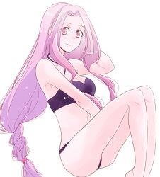 Rule 34 | 1girl, bikini, black bikini, commentary, fate/stay night, fate (series), feet out of frame, forehead, long hair, looking at viewer, medusa (fate), medusa (rider) (fate), purple eyes, purple hair, simple background, smile, solo, souta (souta3a), swimsuit, thighs, very long hair, white background