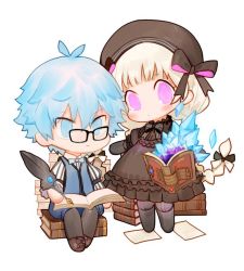Rule 34 | 1boy, 1girl, black-framed eyewear, black bow, black dress, blue eyes, blue hair, blue vest, book, book stack, bow, braid, dress, fate/extra, fate/grand order, fate (series), glasses, hair bow, hans christian andersen (fate), hat, hat bow, holding, long hair, long sleeves, nursery rhyme (fate), open book, pantyhose, pince-nez, purple eyes, quill, rosette (yankaixuan), simple background, sitting, standing, vest, white background