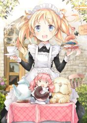 Rule 34 | 2girls, :d, animal, apron, artist request, black dress, blonde hair, blue eyes, blush, boots, brown eyes, chair, chibi, collared dress, cup, day, dog, door, doughnut, dress, food, frilled apron, frills, highres, holding, holding saucer, juliet sleeves, long hair, long sleeves, looking at viewer, maid, maid apron, maid headdress, mini person, minigirl, multiple girls, open mouth, original, outdoors, pink hair, plaid, puffy sleeves, saucer, signature, sitting, smile, standing, star (symbol), steam, table, tablecloth, teacup, teapot, teeth, twintails, upper teeth only