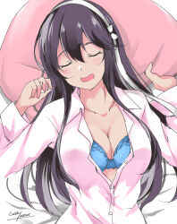 Rule 34 | 1girl, artist name, black hair, blue bra, bra, breasts, closed eyes, colored inner hair, cushion, dated, gakky, kantai collection, large breasts, long hair, lying, multicolored hair, naganami (kancolle), naganami kai ni (kancolle), open clothes, open mouth, open shirt, pink hair, shirt, sleeping, solo, two-tone hair, underwear, upper body, white shirt
