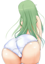 Rule 34 | 1girl, ass, backboob, breasts, cameltoe, from behind, green hair, hifumi kei, highres, huge ass, kochiya sanae, large breasts, leaning, leaning forward, long hair, panties, shiny skin, simple background, solo, thighhighs, topless, touhou, underwear, white panties, white thighhighs