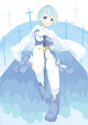 Rule 34 | 10s, 1girl, :d, absurdres, armband, blue eyes, blue hair, cape, gloves, highres, magical girl, mahou shoujo madoka magica, mahou shoujo madoka magica (anime), matching hair/eyes, miki sayaka, open mouth, short hair, sitting, smile, solo, sword, thighhighs, weapon, yutarou (oyuat), zettai ryouiki
