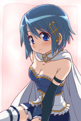 Rule 34 | 1girl, arm support, backlighting, bare shoulders, blue eyes, blue hair, blue skirt, blush, border, breasts, buttons, cape, cleavage, closed mouth, collarbone, cowboy shot, detached sleeves, dot nose, fortissimo, frills, gradient background, hair between eyes, hair ornament, hairclip, happy, head tilt, highres, inoue kouji, looking at viewer, mahou shoujo madoka magica, mahou shoujo madoka magica (anime), medium breasts, miki sayaka, musical note, musical note hair ornament, pink background, pleated skirt, shaded face, short hair, simple background, sitting, skirt, smile, solo, soul gem, strapless, thighhighs, white background, white cape, white thighhighs, zettai ryouiki