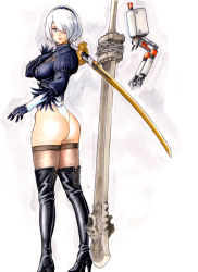 Rule 34 | 1girl, ass, black gloves, black hairband, black leotard, blue eyes, bob cut, boots, chain, cleavage cutout, clothing cutout, commentary, fer yoshimiya, from behind, full body, gloves, greatsword, hair over one eye, hairband, high heel boots, high heels, highres, holding, holding sword, holding weapon, katana, lace, leotard, lips, long sleeves, mechanical arms, mole, mole under mouth, nier:automata, nier (series), over shoulder, puffy sleeves, robot, see-through, see-through legwear, short hair, solo, standing, sword, thigh boots, thighhighs, weapon, weapon over shoulder, white hair, white leotard, 2b (nier:automata)