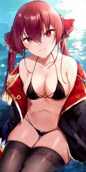 Rule 34 | 1girl, bare shoulders, bikini, black bikini, black coat, black thighhighs, blush, breasts, cleavage, coat, collarbone, commentary request, cowboy shot, groin, hair between eyes, hair ribbon, head tilt, heterochromia, highres, hololive, houshou marine, lace, lace-trimmed legwear, lace trim, long hair, looking at viewer, medium breasts, midriff, miyasaka miyabi, navel, no eyepatch, off shoulder, parted lips, red eyes, red hair, red ribbon, ribbon, sidelocks, sitting, smile, solo, swimsuit, thigh gap, thighhighs, twintails, virtual youtuber, water, water drop, wet, yellow eyes