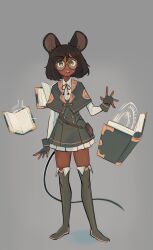 Rule 34 | 1girl, absurdres, animal ears, artist name, blush, book, bumblesteak, dark-skinned female, dark skin, floating, freckles, glasses, gloves, green eyes, grey background, hat, highres, looking at viewer, mouse ears, mouse tail, necromancer, nose, olive (bumblesteak), original, shirt, short hair, simple background, solo, tail