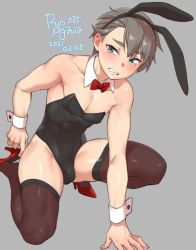 Rule 34 | 1boy, 2021, agawa ryou, bare shoulders, blush, brown legwear, bulge, clenched teeth, commentary, dated, embarrassed, english commentary, grey background, looking at viewer, male focus, male playboy bunny, original, pectoral cleavage, pectorals, playboy bunny, short hair, silver hair, simple background, solo, teeth, thighs