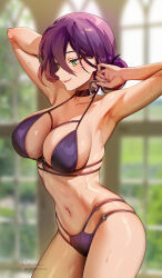 Rule 34 | 1girl, alternate breast size, arm behind head, armpits, bikini, blurry, blurry background, breasts, chainsaw man, choker, closed mouth, collarbone, commentary, cowboy shot, day, english commentary, foxyreine, green eyes, grenade pin, hair between eyes, highres, indoors, large breasts, looking to the side, midriff, nail polish, navel, o-ring, o-ring bikini, parted lips, patreon logo, patreon username, purple bikini, purple hair, purple nails, reze (chainsaw man), sideboob, signature, smirk, solo, sunlight, sweat, swimsuit, thighs, watermark, web address, wet, wet hair, window