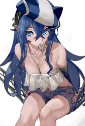 Rule 34 | 1girl, backless outfit, beata (walzrj), beret, blue hair, bra, breasts, cleavage, denim, denim shorts, dress, front-tie bra, hammock, hat, hip vent, jewelry, long hair, looking at viewer, mouth hold, necklace, original, pointy ears, ponytail, shorts, simple background, smile, solo, strapless, strapless dress, underwear, walzrj, white background