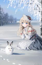Rule 34 | 1girl, blonde hair, blunt bangs, blunt ends, blurry, blush, braid, depth of field, field, footprints, highres, lace-trimmed collar, lace-trimmed headwear, lace trim, looking at animal, original, outdoors, own hands together, pointy ears, print capelet, rabbit, side braid, sidelocks, snow, squatting, sunako (veera), twin braids, twitter username, winter