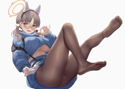 Rule 34 | 1girl, absurdres, animal ears, ass, black-framed eyewear, blue archive, blue sweater, breasts, brown hair, brown pantyhose, candy, fake animal ears, food, full body, glasses, halo, highres, holding, holding food, large breasts, lollipop, long hair, long sleeves, looking at viewer, moe (blue archive), no bra, pantyhose, round eyewear, simple background, smile, solo, sweater, toes, turtleneck, turtleneck sweater, twintails, underboob, white background, yellow eyes, yizhirenben