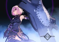 Rule 34 | 1girl, armor, armored dress, armored skirt, breasts, fate/grand order, fate (series), faulds, gloves, hair over one eye, holding, holding shield, leg armor, mash kyrielight, pink hair, purple eyes, purple gloves, shield, short hair, siqi (miharuu), sleeveless, solo, thighs