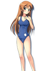 Rule 34 | 00s, 1girl, arm behind back, blush, breast suppress, breasts, code geass, expressionless, facing viewer, feet out of frame, female focus, green hair, legs apart, long hair, looking at viewer, medium breasts, nippori, one-piece swimsuit, orange hair, school swimsuit, shadow, shirley fenette, simple background, single vertical stripe, solo, standing, swimsuit, tareme, white background