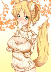Rule 34 | 10s, 1girl, animal ears, blonde hair, blush, bottomless, breast hold, breasts, cleavage, cleavage cutout, clothing cutout, dog days, fox ears, fox tail, green eyes, heart, heart-shaped pupils, highres, large breasts, leaf, long hair, looking at viewer, meme attire, open-chest sweater, open mouth, ponytail, solo, sweater, symbol-shaped pupils, tail, yukikaze panettone