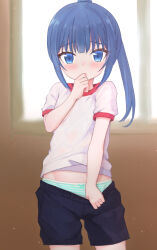 Rule 34 | 1girl, black shorts, blue eyes, blue hair, blush, bow, bow panties, clothes pull, flat chest, green panties, gym uniform, hand to own mouth, highres, long hair, looking at viewer, open mouth, panties, ponytail, shirt, shooko, short sleeves, shorts, shorts pull, standing, striped clothes, striped panties, underwear, white shirt, window