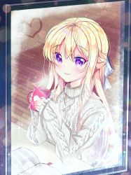 Rule 34 | 1girl, aran sweater, bad id, bad pixiv id, bang dream!, blonde hair, blue bow, blurry, blurry background, blush, book, bow, cable knit, commentary request, cup, depth of field, elbow rest, fingernails, from outside, glass writing, hair between eyes, hair bow, heart, highres, holding, holding cup, long hair, long sleeves, looking at viewer, looking outside, mug, nail polish, open book, parted lips, pink nails, purple eyes, seno (senohime), shirasagi chisato, sleeves past wrists, solo, sparkle, sweater, table, very long hair, white sweater, window, wooden floor