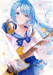 Rule 34 | blue bow, blue bowtie, blue eyes, blue hair, blue sailor collar, blue skirt, blue theme, blurry, blush, bow, bowtie, breasts, cable, clothes lift, collarbone, commentary request, cowboy shot, curtains, depth of field, digital media player, electric guitar, english text, envelope, eyelashes, fish, guitar, hair ornament, hairclip, hamaru log, head tilt, headphones, headphones around neck, heart, heart of string, highres, holding, holding instrument, instrument, letter, looking at viewer, love letter, miniskirt, original, paper, parted lips, pleated skirt, ponytail, sad, sailor collar, sailor collar lift, school uniform, serafuku, shirt lift, short sleeves, skirt, skirt lift, small breasts, solo, submerged, swept bangs, tears, water, white background, x hair ornament