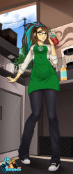 Rule 34 | 1girl, apron, brown hair, clerk, glasses, green eyes, highres, hizzacked, hizzy (hizzacked), long hair, multicolored hair, nail polish, original, self-portrait, shoes, shop, sneakers, solo, starbucks, two-tone hair