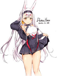 Rule 34 | 1girl, animal ears, arm up, armpits, azur lane, bare shoulders, black dress, black jacket, breasts, brown eyes, rabbit ears, dated, dema hmw, dress, hairband, highres, jacket, long hair, looking at viewer, medium breasts, off shoulder, open clothes, open jacket, pleated dress, shimakaze (azur lane), simple background, sleeveless, sleeveless dress, smile, solo, thighs, very long hair, white background, white hair