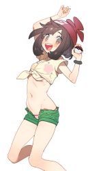 Rule 34 | 1girl, arm up, beanie, black hair, brown eyes, creatures (company), game freak, green shorts, hat, holding, holding poke ball, navel, nintendo, open clothes, open fly, open mouth, open shorts, panties, pink panties, poke ball, pokemon, pokemon sm, red hat, selene (pokemon), shirt, short hair, short sleeves, shorts, simple background, solo, tied shirt, underwear, white background, z-ring, zuizi