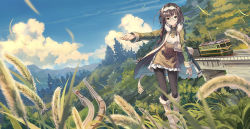 Rule 34 | 1girl, black pantyhose, boots, bridge, brown eyes, brown hair, cloud, cloudy sky, day, dress, field, forest, fur trim, glasses, grass, green jacket, hairband, huanxiang huifeng, jacket, jewelry, long hair, long sleeves, looking at viewer, nature, necklace, original, outdoors, outstretched arms, pantyhose, pinafore dress, power lines, railroad tracks, scenery, scroll, shirt, sky, sleeveless dress, smile, solo, spread arms, standing, tree, white footwear, white shirt
