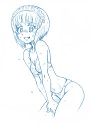 Rule 34 | 1girl, bbb (friskuser), between legs, blue theme, blunt bangs, bob cut, bow, bow panties, bra, breasts, commentary, cutlass (girls und panzer), girls und panzer, hand between legs, heart, heart-shaped pupils, highres, lace, lace-trimmed bra, lace-trimmed panties, lace trim, leaning forward, maid headdress, monochrome, navel, open mouth, panties, short hair, small breasts, smile, solo, standing, sweat, symbol-shaped pupils, underwear, underwear only, v arms
