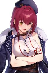 Rule 34 | 1girl, absurdres, arms under breasts, belt, beret, blush, breasts, brown belt, button gap, cleavage, crossed arms, fang, fingerless gloves, fur-trimmed jacket, fur trim, gloves, hat, heterochromia, highres, hololive, houshou marine, houshou marine (businesswoman), jacket, jacket on shoulders, lanyard, large breasts, looking at viewer, meme tesshin, official alternate costume, official alternate hair length, official alternate hairstyle, open mouth, red eyes, red hair, short hair, simple background, solo, v-shaped eyebrows, virtual youtuber, white background, yellow eyes