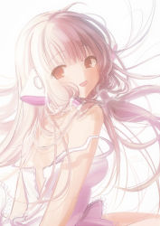 Rule 34 | 1girl, :d, android, blonde hair, brown eyes, chii, chobits, dress, from behind, hair tubes, highres, kevn, long hair, looking at viewer, looking back, open mouth, robot ears, simple background, sleeveless, smile, solo, strap slip, very long hair, white background, white dress