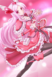 Rule 34 | 00s, 1girl, bad id, bad pixiv id, black pantyhose, bow, breasts, choker, cure passion, dress, eyelashes, fresh precure!, frills, hair ornament, harp, head wings, heart, heart hair ornament, higashi setsuna, high heels, highres, instrument, kojikoji, long hair, magical girl, medium breasts, pantyhose, pink background, pink hair, precure, red dress, red eyes, ribbon, shoes, solo, tiara, waist bow, white choker, wings