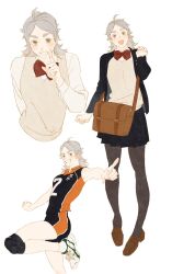 Rule 34 | 1girl, absurdres, ahoge, arm behind back, black jacket, black pantyhose, black skirt, bokuto koutarou, bow, bowtie, brown cardigan, brown footwear, cardigan, chengongzi123, collared shirt, commentary, cropped torso, full body, genderswap, genderswap (mtf), grey hair, grin, haikyuu!!, hand up, highres, index finger raised, jacket, knee pads, loafers, long hair, long sleeves, looking at viewer, multiple views, open clothes, open jacket, open mouth, outstretched arm, pantyhose, pleated skirt, pointing, pointing at viewer, puffy long sleeves, puffy sleeves, red bow, red bowtie, school uniform, shirt, shoes, simple background, skirt, smile, sneakers, sportswear, standing, standing on one leg, symbol-only commentary, volleyball uniform, white background, white footwear, yellow eyes