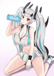 Rule 34 | 1girl, :o, absurdres, aqua hair, aqua nails, asymmetrical legwear, azur lane, bare shoulders, black horns, black legwear, blunt bangs, blush, bottle, breasts, bremerton (azur lane), bremerton (azur lane) (cosplay), bremerton (scorching-hot training) (azur lane), brulee, cleavage, collarbone, collared shirt, commentary, cosplay, crop top, crop top overhang, dragon girl, dragon horns, dragon tail, epic seven, full body, green skirt, hair ornament, hairclip, highres, holding, holding bottle, horns, large breasts, long hair, looking at viewer, midriff, mismatched legwear, multicolored hair, nail polish, navel, red eyes, see-through, shadow, shirt, shoes, sidelocks, simple background, sitting, skirt, sleeveless, sleeveless shirt, sneakers, socks, solo, sportswear, streaked hair, sweat, tail, tennis uniform, twintails, two-tone shirt, two-tone skirt, very long hair, wariza, water bottle, wet, wet clothes, wet shirt, white footwear, white hair, white shirt, white skirt, white socks, wristband, x hair ornament, yufine (epic seven)
