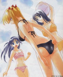 Rule 34 | 00s, 3girls, adjusting clothes, adjusting swimsuit, arms up, ball, beachball, bikini, black eyes, black hair, blonde hair, blue eyes, blue hair, highres, kobayashi jin, multiple girls, open mouth, sawachika eri, scan, school rumble, short twintails, striped bikini, striped clothes, suou mikoto (school rumble), swimsuit, tsukamoto tenma, twintails, yellow eyes