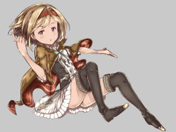 Rule 34 | 10s, 1girl, :o, black thighhighs, blonde hair, breasts, brown eyes, buttons, cape, djeeta (granblue fantasy), dragon, eyebrows, frilled skirt, frills, granblue fantasy, green ribbon, grey background, hair intakes, highres, index finger raised, lp imouto, lplpsteven, miniskirt, panties, pantyshot, parted lips, plaid, ribbon, short hair, short sleeves, simple background, skirt, small breasts, solo, thighhighs, underwear, vyrn (granblue fantasy), white panties, white skirt